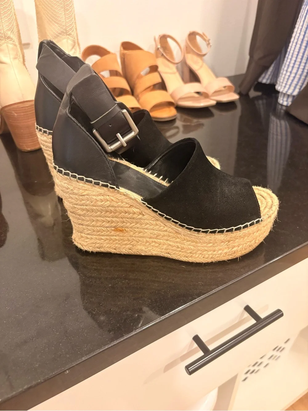 Black Espadrille Wedge Sandals with Ankle Strap size 6 Marc Fisher